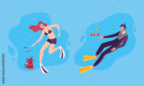 Young Man and Woman Character in Goggles and Flippers Sea Diving and Floating Underwater Vector Set