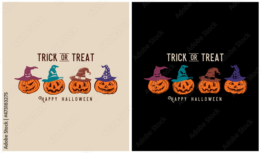 4 Pumpkins wearing the witch hats, TRICK OR TREAT Happy Halloween, Halloween season
