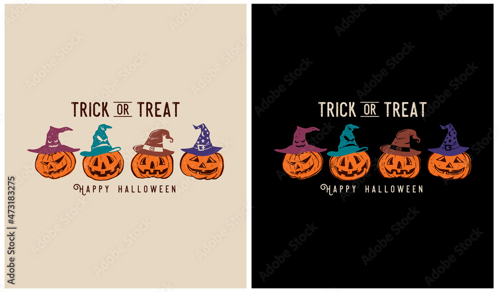 4 Pumpkins wearing the witch hats, TRICK OR TREAT Happy Halloween, Halloween season 4 Pumpkins wearing the witch hats, TRICK OR TREAT Happy Halloween, Halloween season