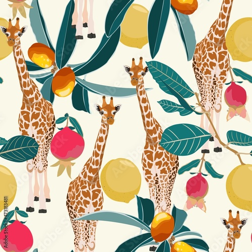 Giraffe animals with tropical  fruits. Cartoon exotic seamless illustration repeating pattern on vintage light yellow background. Floral wallpaper.