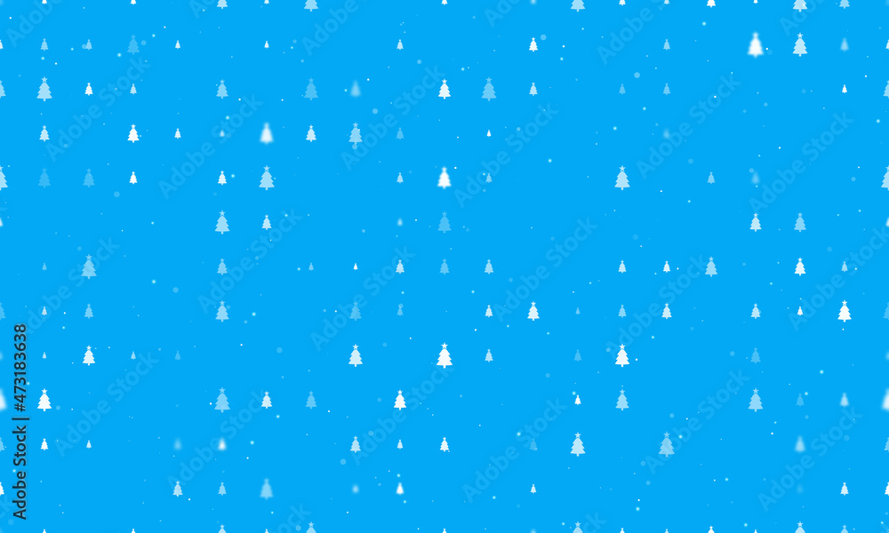 Seamless background pattern of evenly spaced white Christmas trees of different sizes and opacity. Vector illustration on light blue background with stars