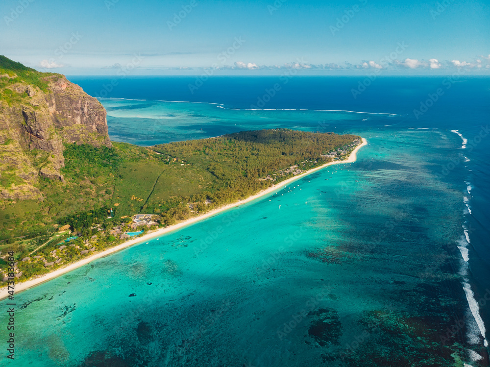 Tropical beach in Mauritius with turquoise ocean. Aerial view