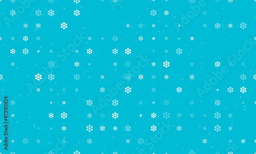 Seamless background pattern of evenly spaced white hive symbols of different sizes and opacity. Vector illustration on cyan background with stars