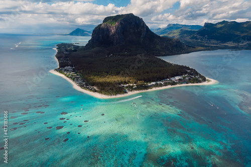 Tropical island with Le Morne mountain and ocean in Mauritius.