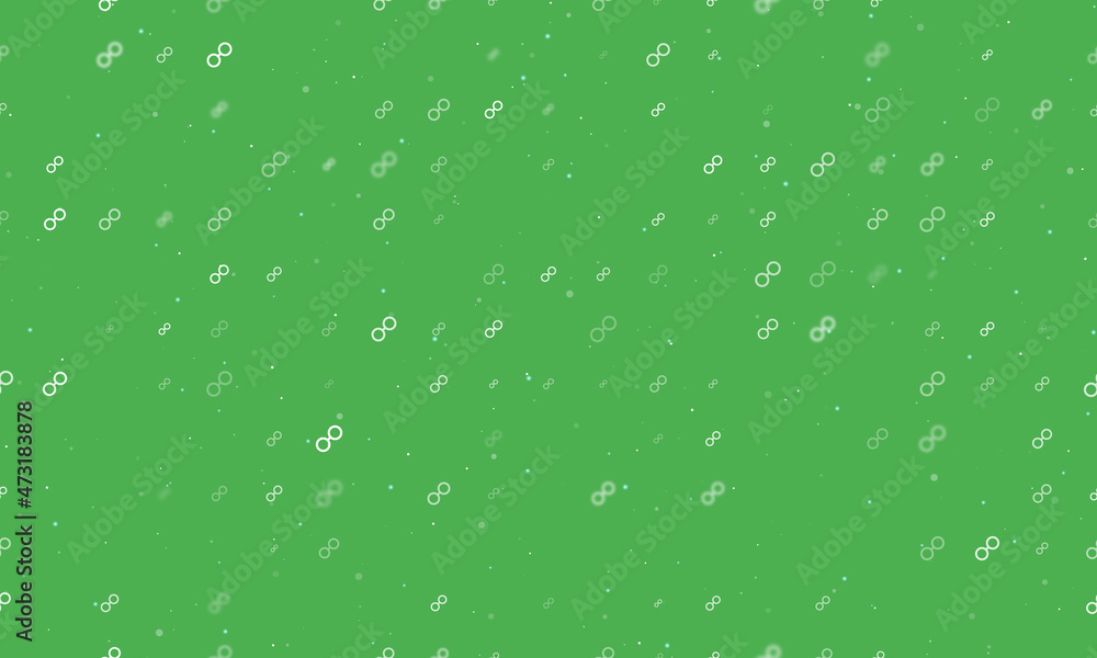 Seamless background pattern of evenly spaced white astrological opposition symbols of different sizes and opacity. Vector illustration on green background with stars