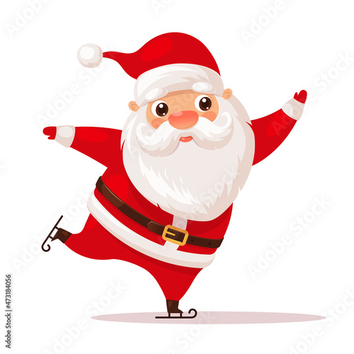 Cute ice skating Santa Claus, cartoon vector illustration