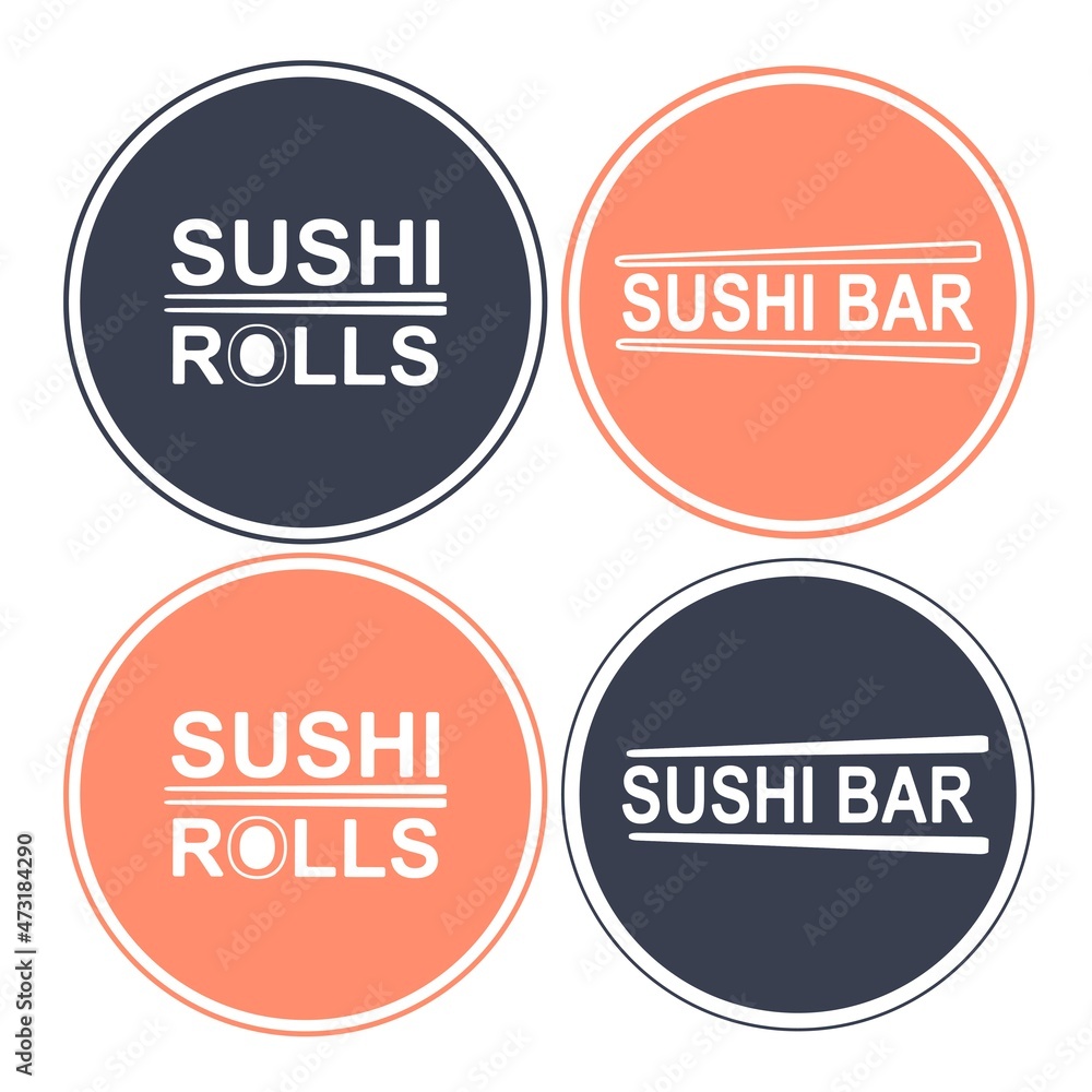 A set of isolated logos with the inscription sushi rolls. Japanese cuisine. Vector correctable flat design for a store, sushi bar, restaurant, web, application.