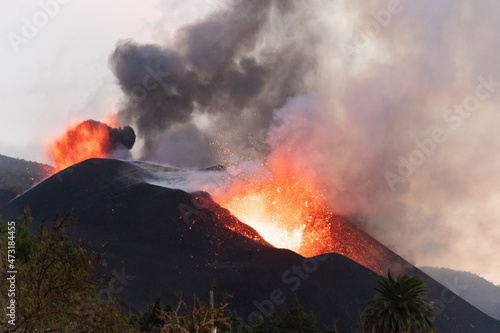 Cumbre Vieja / La Palma (Canary Islands) 2021/10/27. Close view of the two main lava vents of the Cumbre Vieja volcano eruption.
