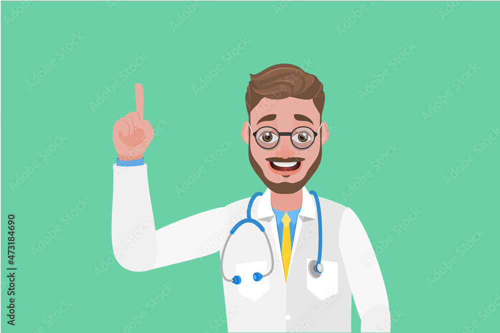 Flat Vector Conceptual Illustration of Happy Smiling Male Doctor, Healthcare Specialist Giving an Advice Flat Vector Conceptual Illustration of Happy Smiling Male Doctor, Healthcare Specialist Giving an Advice