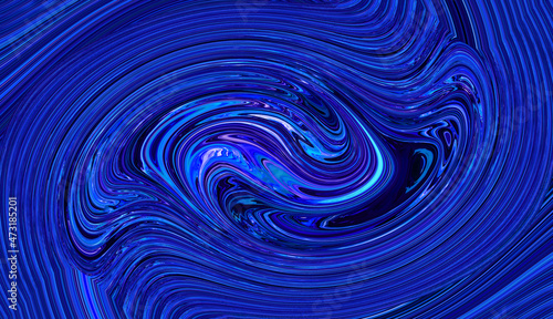 Abstract bright blue background. Creative mood. Art trippy digital backdrop. Curved shapes illustration. Vibrant banner. Template. Water wave effect. Swirl. Marble texture. Whirlpool tunnel. Energy.