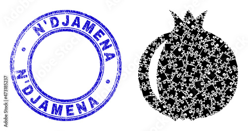 Puzzle Pomegranate fruit mosaic icon with N'Djamena seal stamp. Blue vector rounded textured seal with N'Djamena message. Abstract concept of Pomegranate fruit icon done of puzzle parts. photo