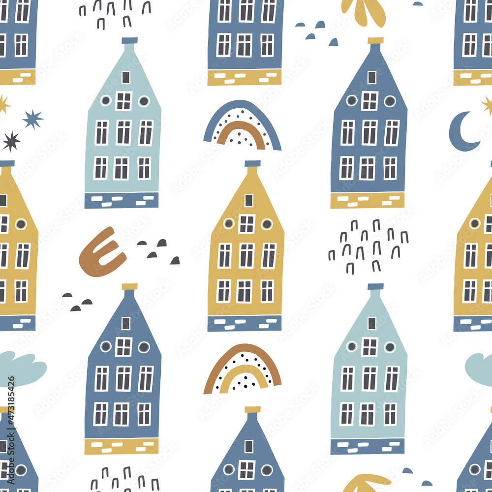 Seamless pattern with cozy houses with hand drawn textures and shapes. Illustration for fabric, textile, wallpaper. Isolated on white background vector illustration