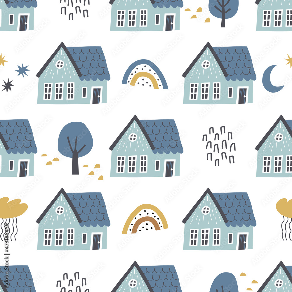 Seamless pattern with cozy houses with hand drawn textures and shapes. Illustration for fabric, textile, wallpaper. Isolated on white background vector illustration