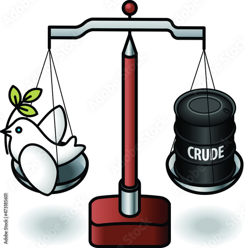 A set of scales weighing up a peace dove and a barrel of crude oil. Peace versus fossil fuel industry concept.
