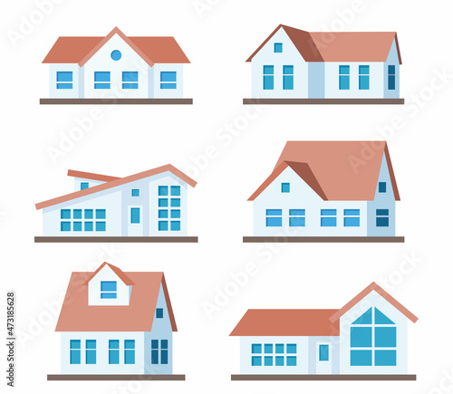 Houses set. Suburban American houses exterior front view. Collection of classic and modern American houses isolated on the white background. Vector Illustration.