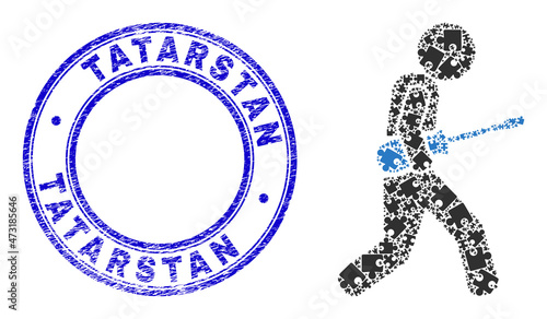 Puzzle screwdriver courier mosaic icon with Tatarstan watermark. Blue vector round distress watermark with Tatarstan text. Abstract concept of screwdriver courier icon designed of puzzle plugins.