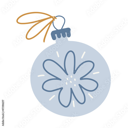 Christmas ball. Light blue decoration for pine tree. Cute winter holidays symbol in minimalistic Scandinavian style. Isolated clipart element. Vector flat Illustration. Only 5 colors - Easy to recolor