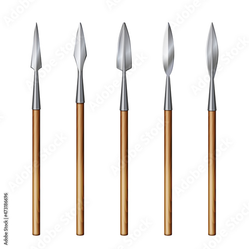 Set of realistic images of spears with different spearhead