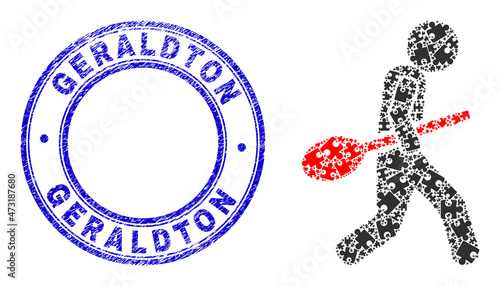 Puzzle spoon robber mosaic icon with Geraldton seal stamp. Blue vector round scratched stamp with Geraldton message. Abstract mosaic of spoon robber icon combined of puzzle plugins.