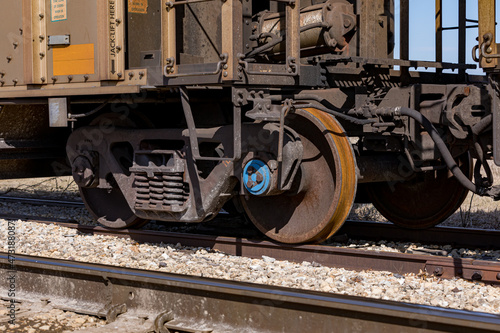 Freight train cars on railroad tracks. Supply chain, rail transportation and shipping concept