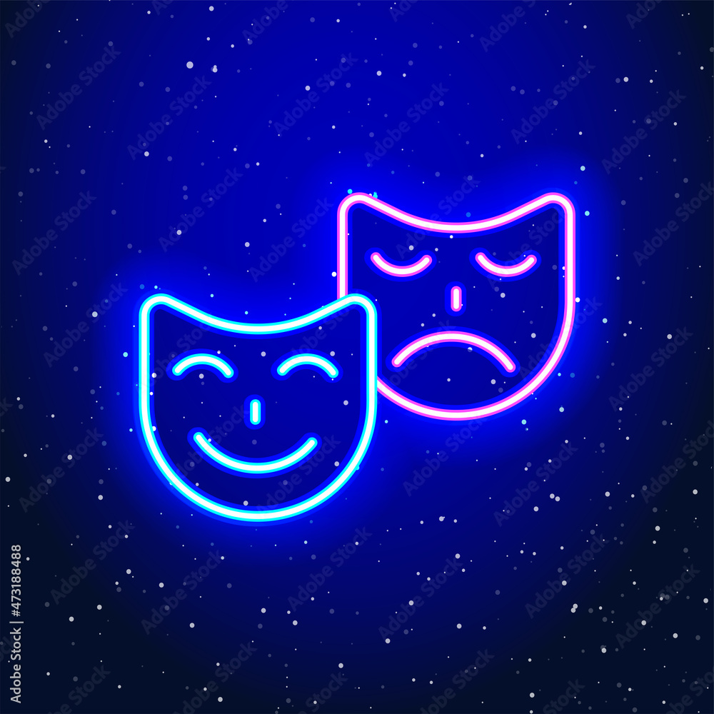 Fototapeta premium Neon light theater facial expression design. Linear smiley-crying design. Neon theater faces in space. Unique and realistic neon icon. Linear icon on blue background.