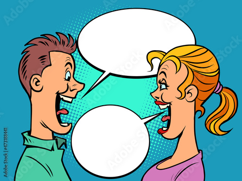 joyful communication of young man and woman, boyfriend and girlfriend talking