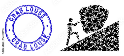 Puzzle man rolling stone up mosaic icon with Crab Louse stamp. Blue vector round grunge stamp with Crab Louse caption. Abstract mosaic of man rolling stone up icon composed of puzzle plug-ins.
