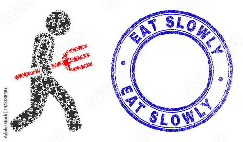 Puzzle fork holder mosaic icon with Eat Slowly seal stamp. Blue vector rounded textured seal with Eat Slowly title. Abstract composition of fork holder icon combined of puzzle glyphs.