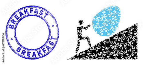 Puzzle man rolling egg up mosaic icon with Breakfast seal stamp. Blue vector rounded textured seal with Breakfast title. Abstract composition of man rolling egg up icon constructed of puzzle icons.