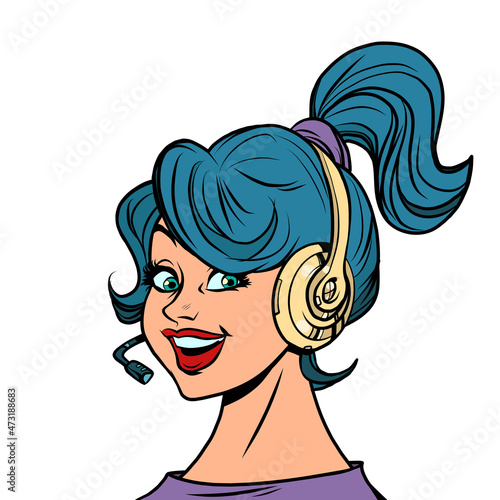 a young woman with headphones with a headset, a gamer streaming or an online support operator