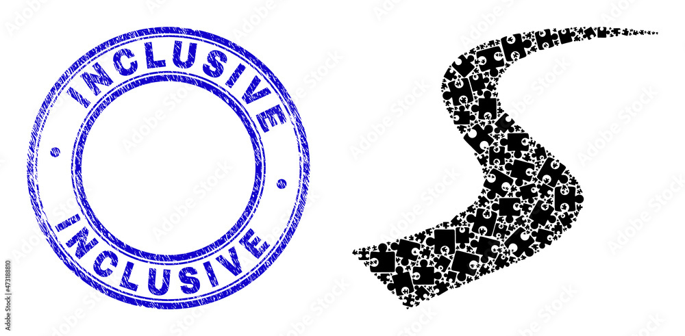 Puzzle route mosaic icon and Inclusive seal stamp. Blue vector round scratched seal stamp with Inclusive phrase. Abstract mosaic of route icon designed of puzzle items. Puzzle route mosaic icon and Inclusive seal stamp. Blue vector round scratched seal stamp with Inclusive phrase. Abstract mosaic of route icon designed of puzzle items.
