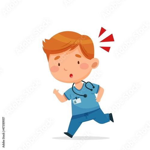 The doctor runs, hurry up. The man looks alarmed. Vector postcard in cartoon style for design, print, patterns