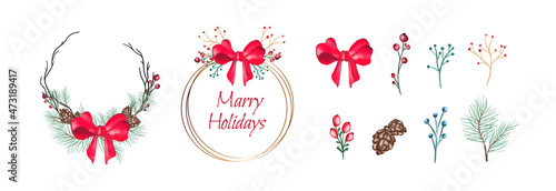Vector round Christmas wreath with with winter flowers isolated on white.