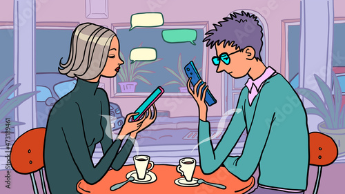 online addiction a man and a woman ignore each other and look into a smartphone, internet surfing