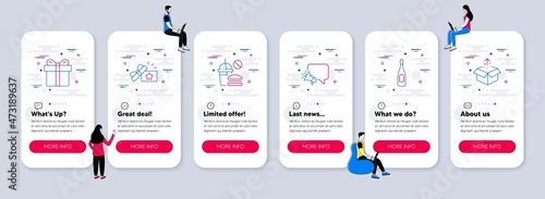 Vector Set of Business icons related to Gift box, Champagne and Loyalty gift icons. UI phone app screens with teamwork. Fast food, Megaphone and Send box line symbols. Vector