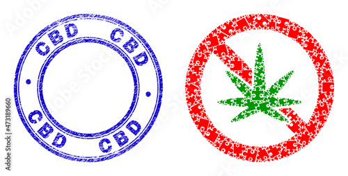 Puzzle stop cannabis mosaic icon with Cbd badge. Blue vector round scratched seal stamp with Cbd text. Abstract mosaic of stop cannabis icon composed of puzzle parts.