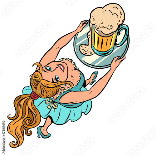 smiling female waiter with a beer mug, oktoberfest, bar pub restaurant