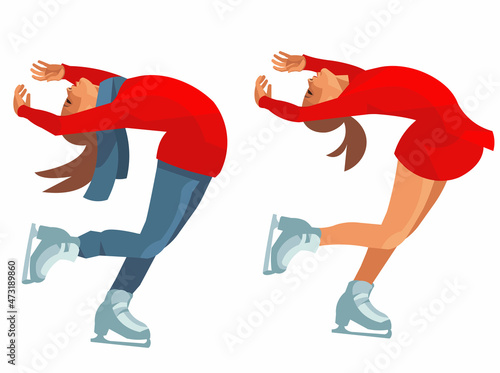 Two vector figures of a figure skater bending backwards in a competition dress and a winter jacket