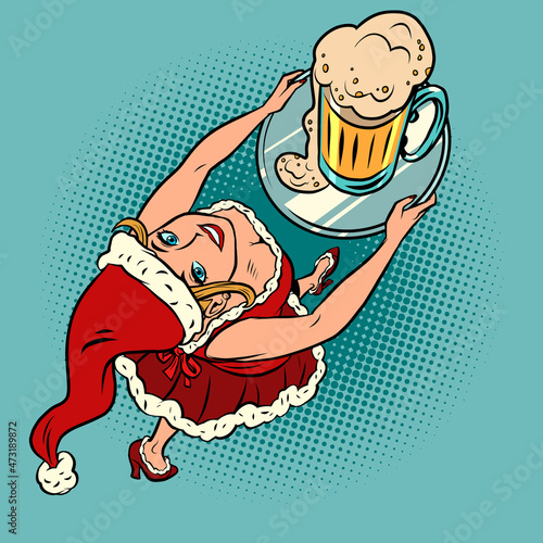 smiling santa claus waiter with a beer mug, Christmas bar pub restaurant