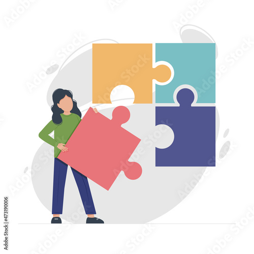 Woman holding in hand and assembling together jigsaw puzzle pieces. Concept of problem solving, making decisions, finding business solutions. Vector illustration in flat style.