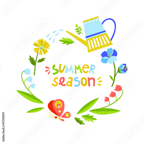 Summer season lettering. Wreath of flowers, watercan and butterfly.