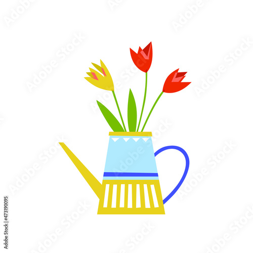 Tulips in a vase. Flowers in the watercan illustration.