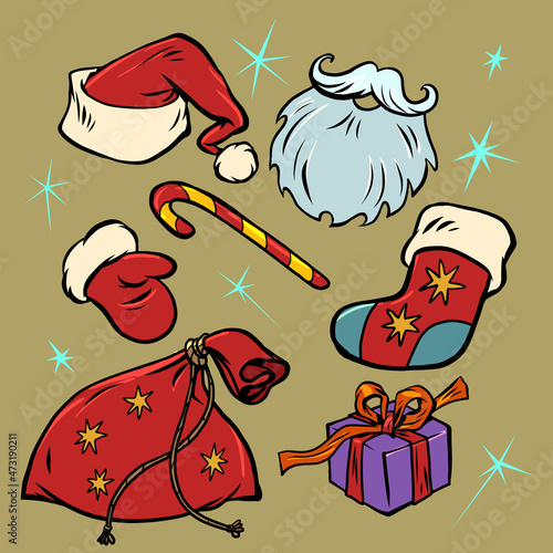 Santa Claus clothing set of items, collection. Christmas and New Year winter holidays