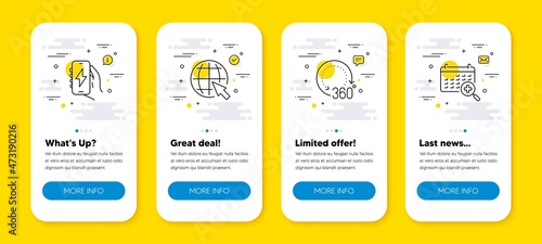 Vector set of 360 degrees, Internet and Charging app line icons set. UI phone app screens with line icons. Medical calendar icon. Panoramic view, World web, Smartphone charger. Vector