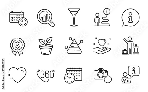 Business icons set. Included icon as Insurance medal, Airport transfer, Leaves signs. Hold heart, Heart, Pyramid chart symbols. Calendar time, Recovery photo, 360 degree. Martini glass. Vector