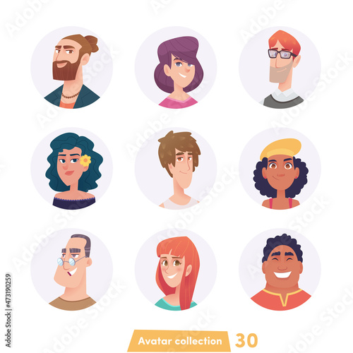 Fototapeta Naklejka Na Ścianę i Meble -  Collection of charismatic cartoon avatars. Vector isolated heads of men and women characters. Adults, young people.