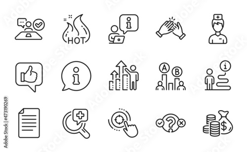 Business icons set. Included icon as Like, Clapping hands, Job interview signs. Coins bag, Quiz test, Doctor symbols. Medical analyzes, File, Employee results. Hot sale, Seo target. Vector