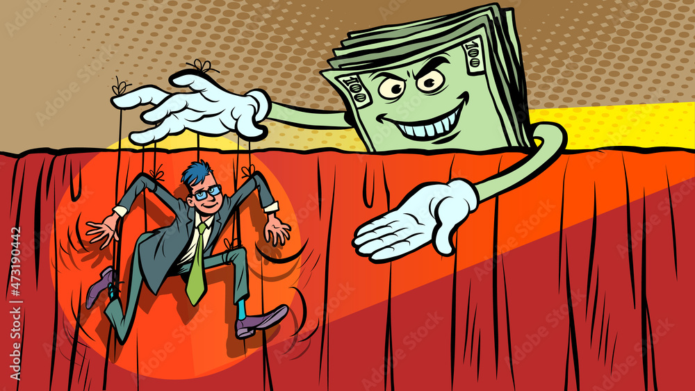 Φωτογραφία male businessman puppet on ropes, money dollars control and management, boss and