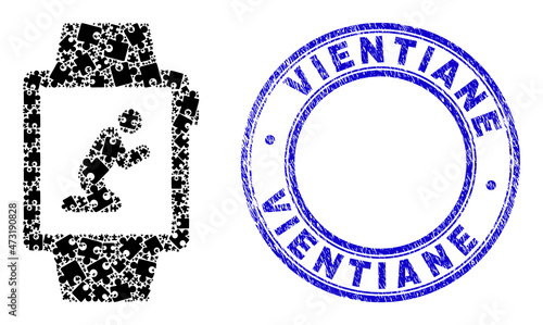 Puzzle pray gadget watches mosaic icon with Vientiane stamp. Blue vector round distress seal stamp with Vientiane message. Abstract composition of pray gadget watches icon made of puzzle glyphs.