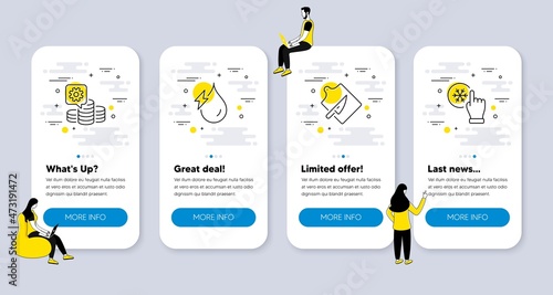 Vector Set of Business icons related to Making money, Hydroelectricity and Cutting board icons. UI phone app screens with people. Freezing click line symbols. Vector
